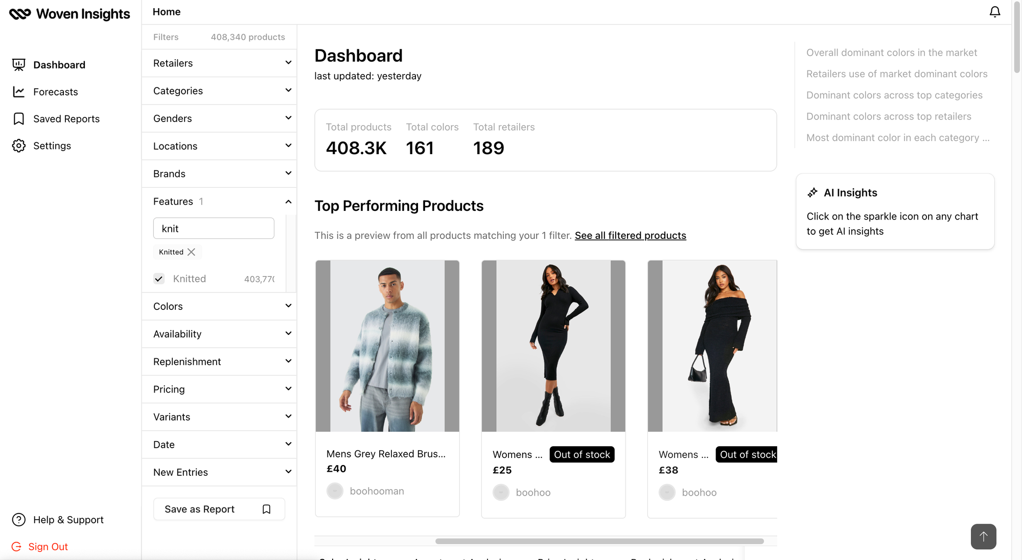 Woven Insights dashboard displaying retail insights from 400k+ knitted fashion items 